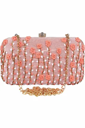 Adorn Embroidered & Embellished Faux Silk Clutch Baby Pink