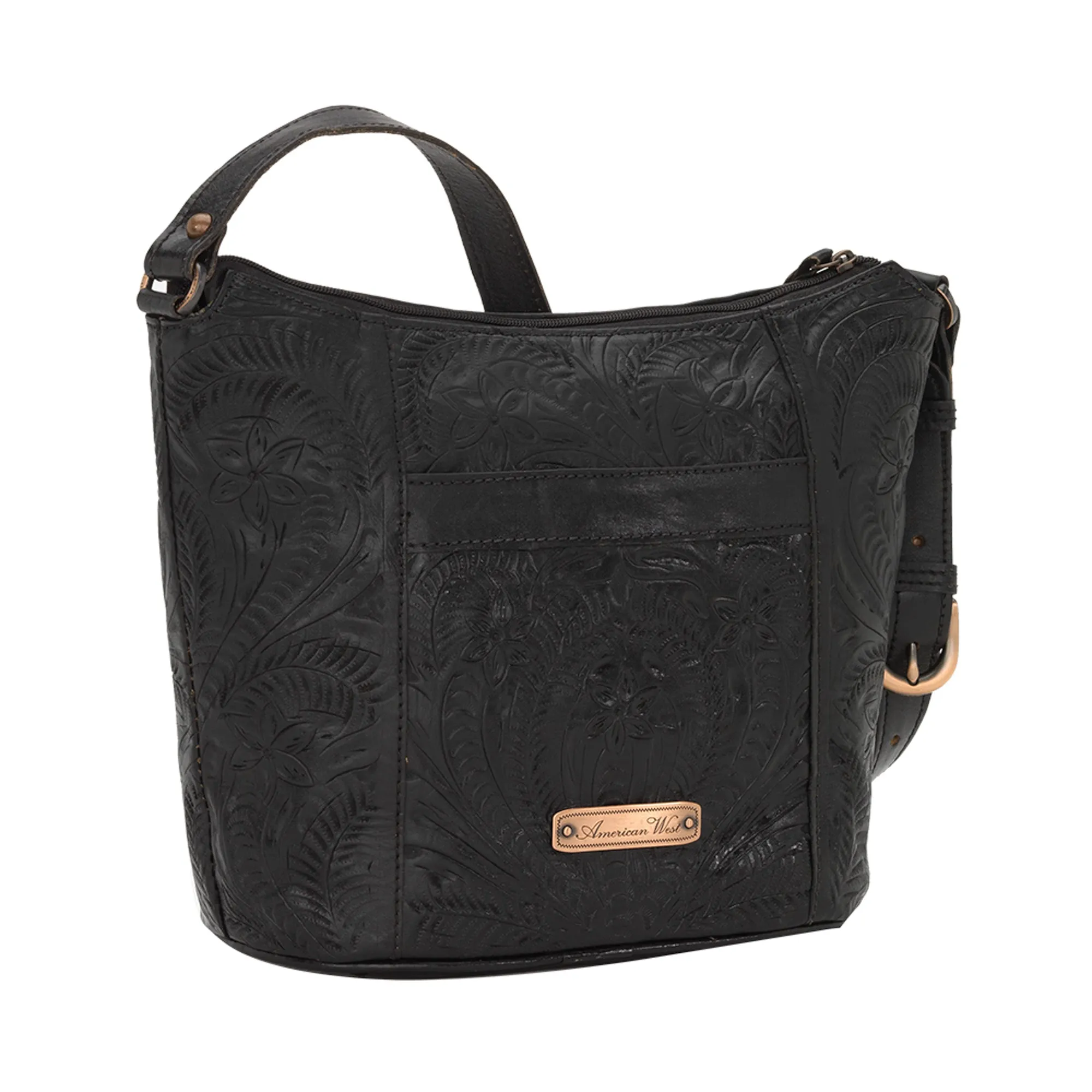 American West Hill Country Black Leather Zip Top Bucket Tote