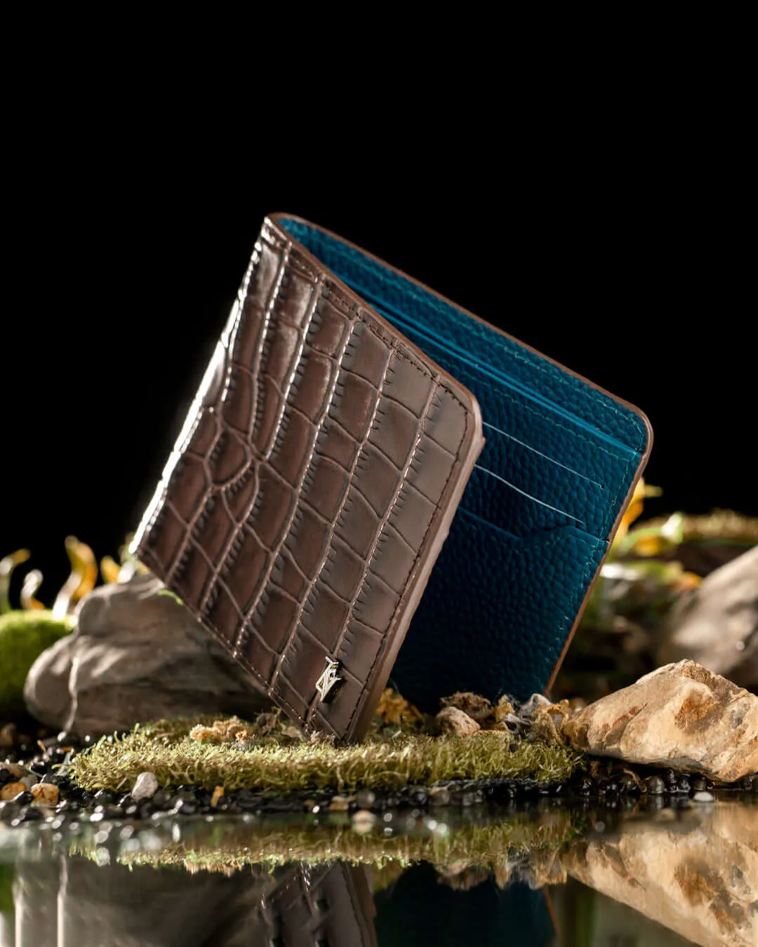 Artemis Croco Wallet - Coffee and Dark Turquoise Leather