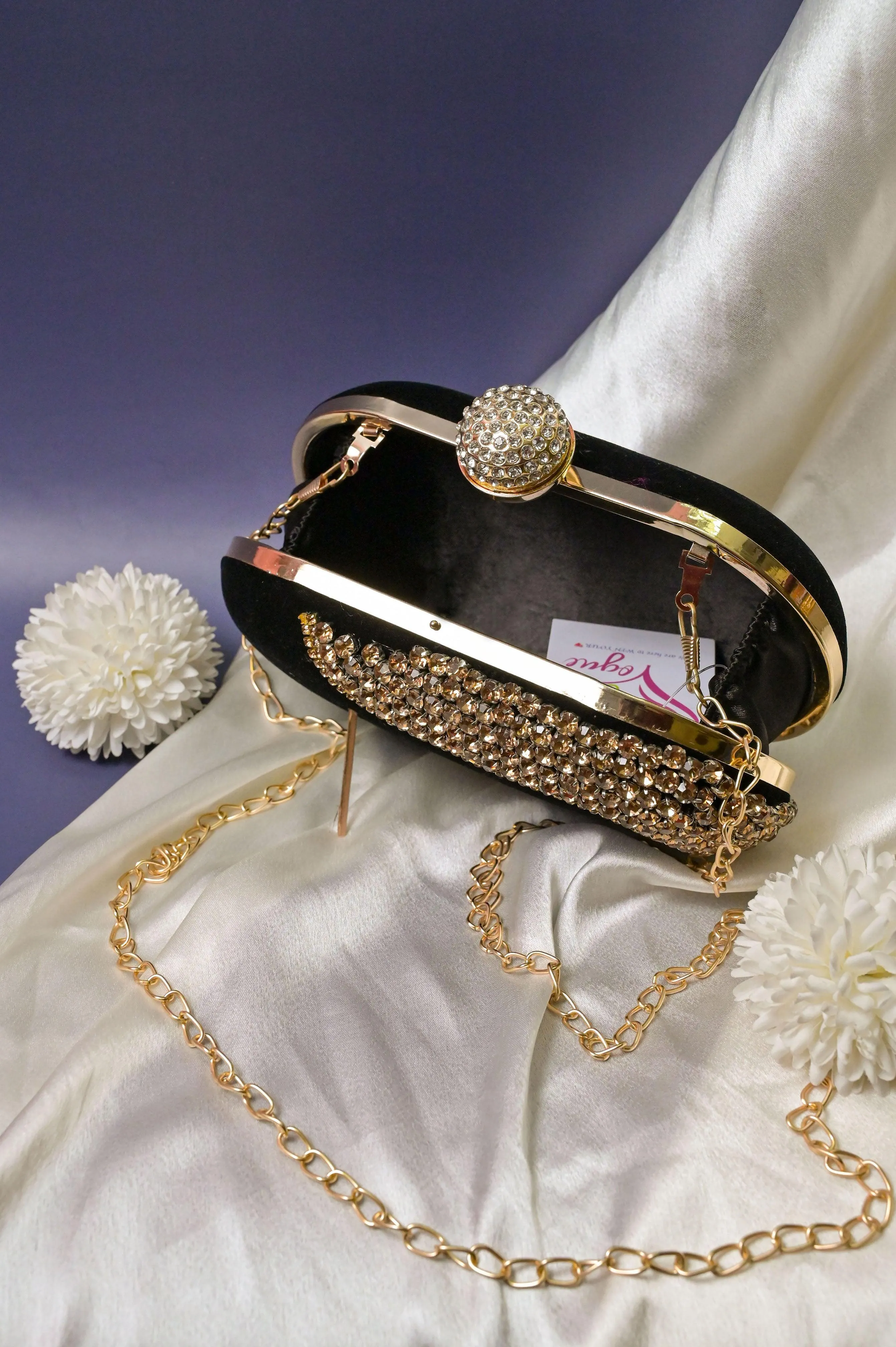 Black Color Designer Clutch with Golden Stone Work