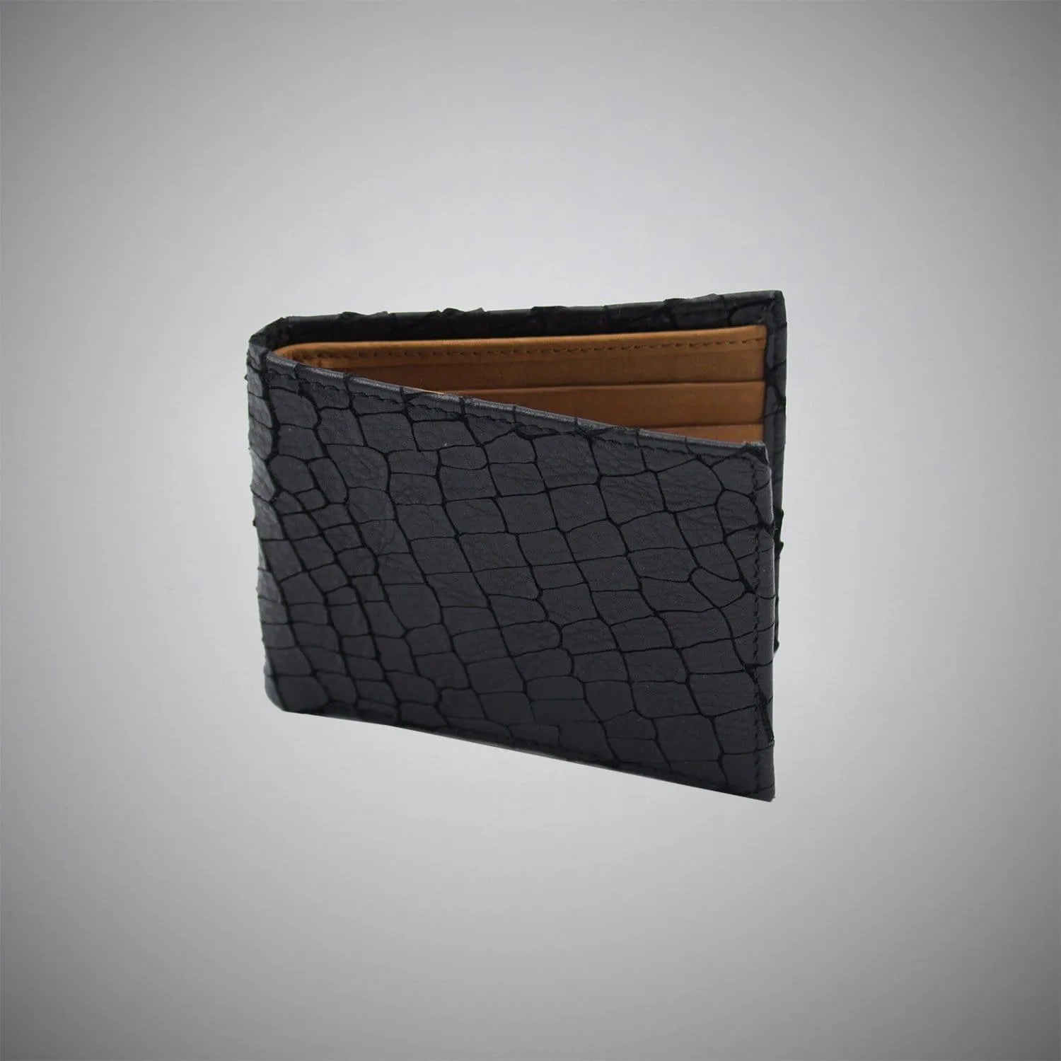 Black Laser Cut Leather Wallet With Tan Suede Interior