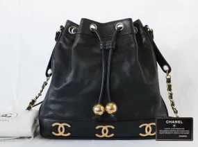 CHANEL Caviar Skin Triple Coco Drawstring Chain Shoulder Bag With Pouch