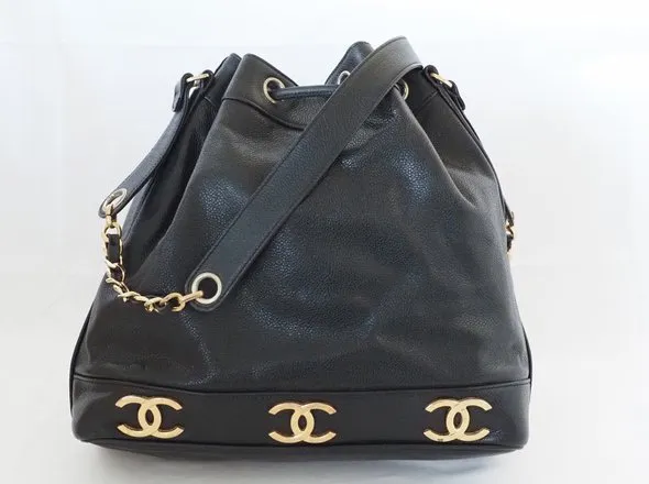 CHANEL Caviar Skin Triple Coco Drawstring Chain Shoulder Bag With Pouch