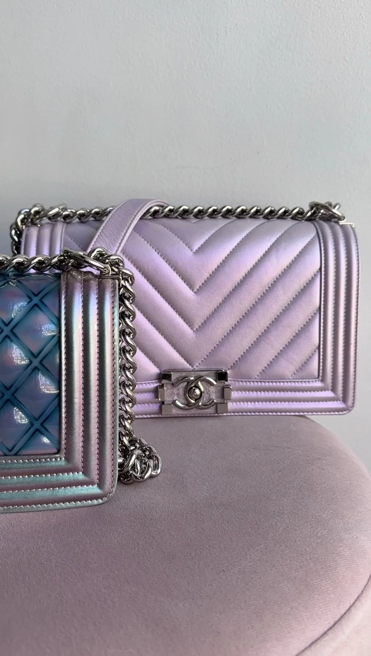 Chanel Iridescent Light Purple Medium Chevron Quilted Boy bag