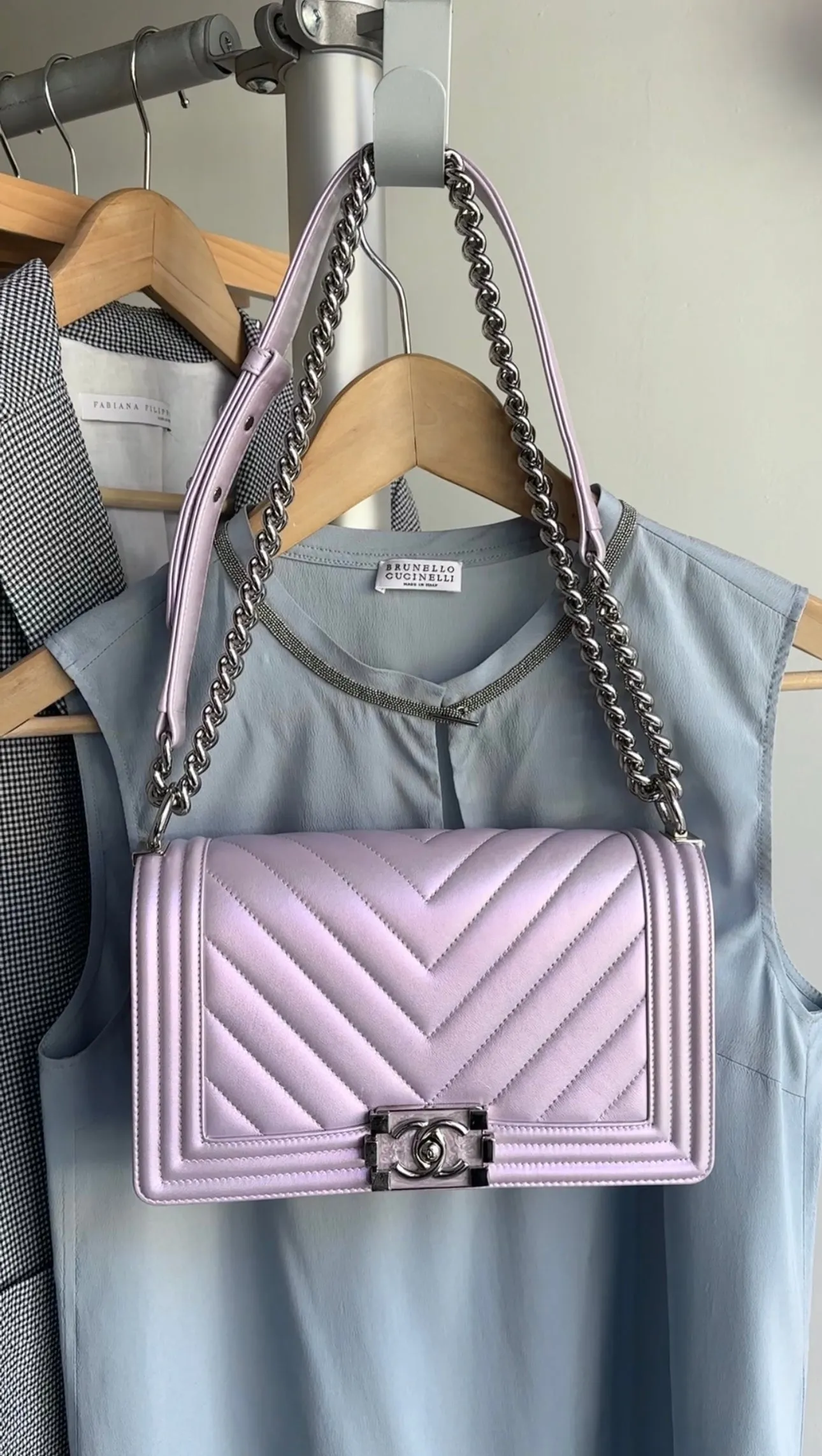 Chanel Iridescent Light Purple Medium Chevron Quilted Boy bag