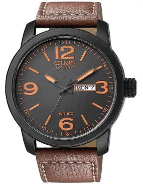 Citizen Eco-Drive Mens Watch - Black Dial w/ Orange - Brown Leather - 100M WR