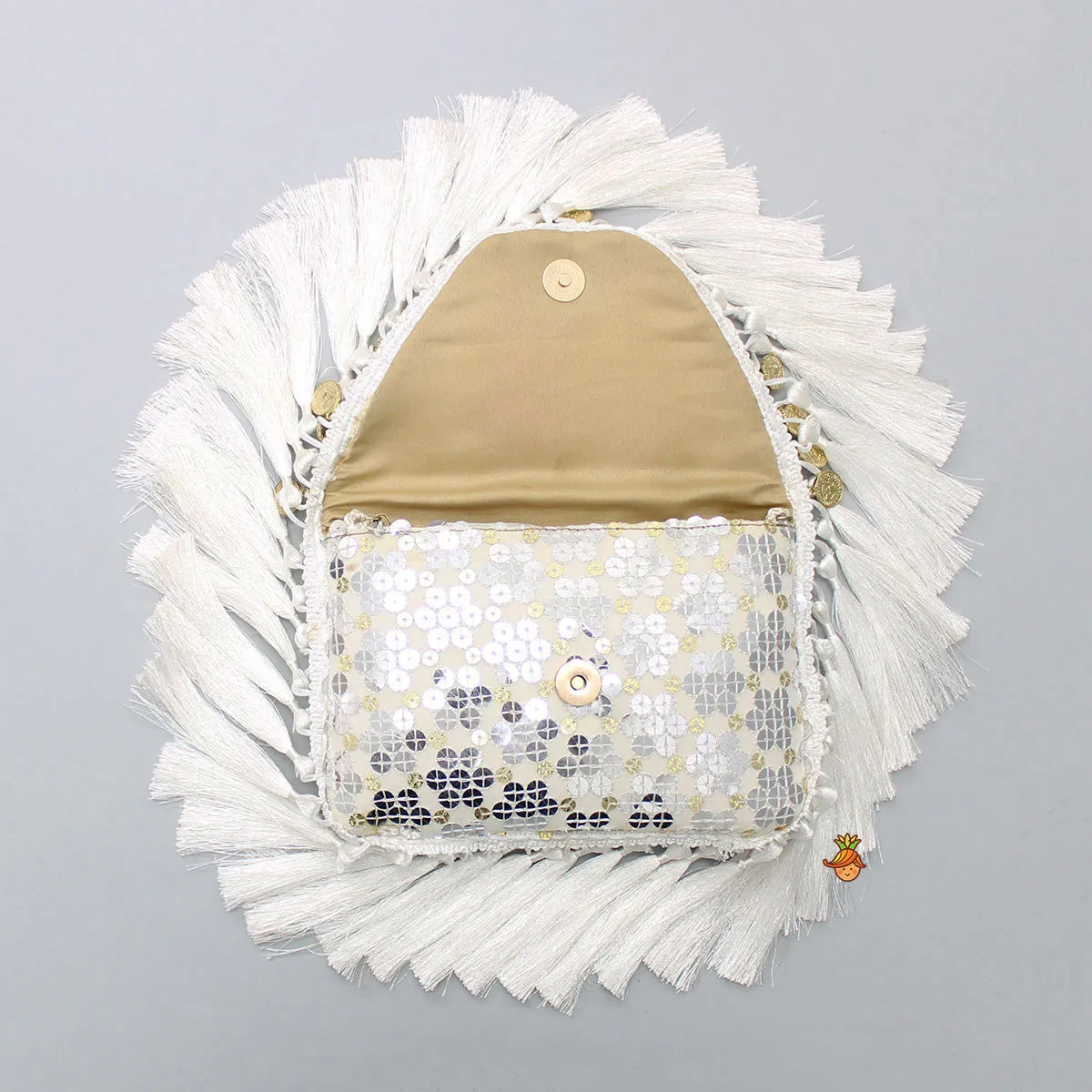 Embroidered Fringes Off White Sling Bag