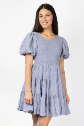 Esme Sky Blue Shirred Cotton Puff SS Shirred Bodice Tiered Mini Dress