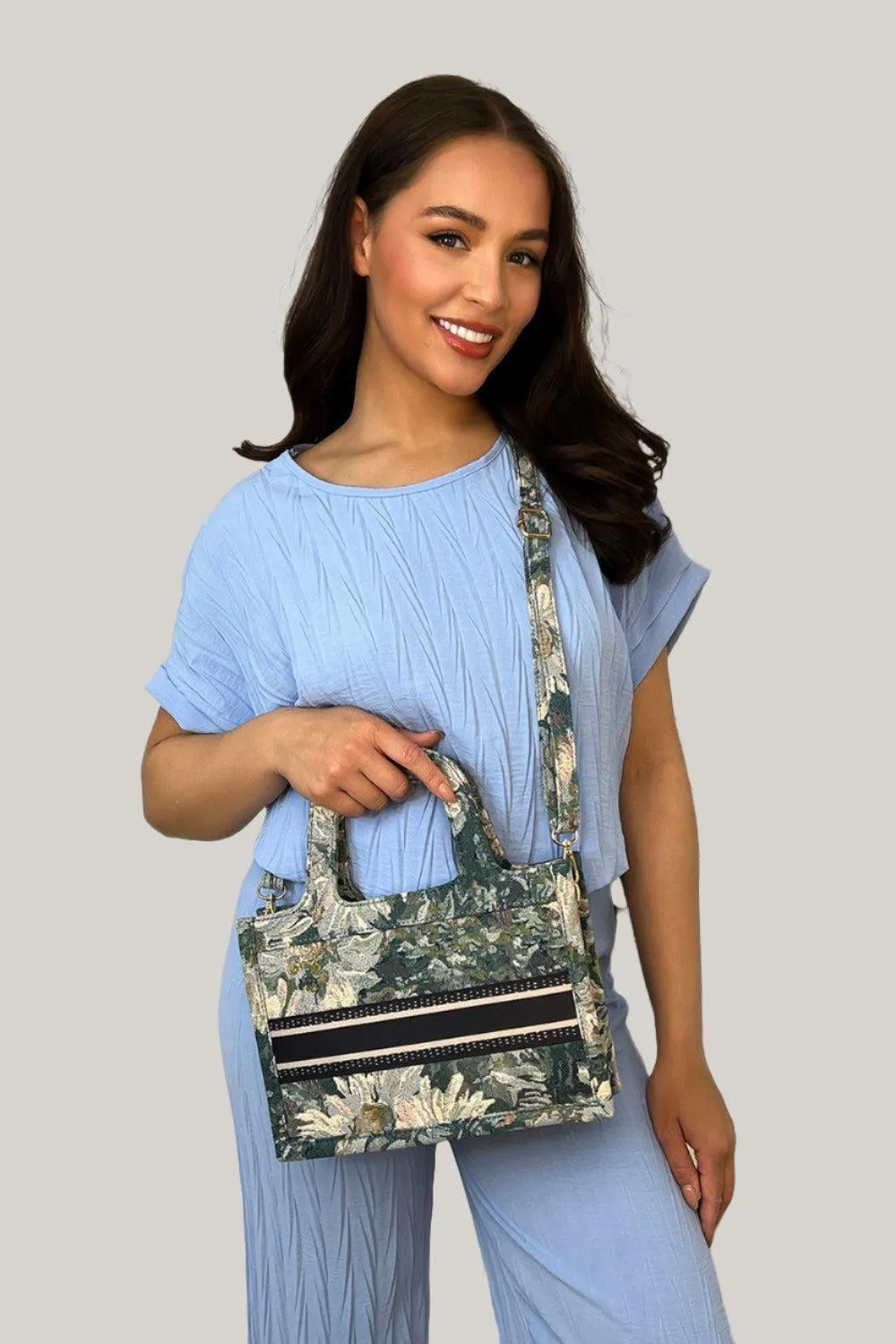 Floral Jacquard Hard Handles Handbag