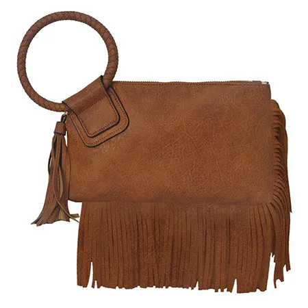 Light Brown NGIL Faux Leather Fringe Wristlet