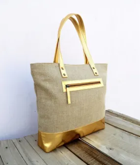 Linen and faux leather tote bag, natural with gold, classic everyday bag.