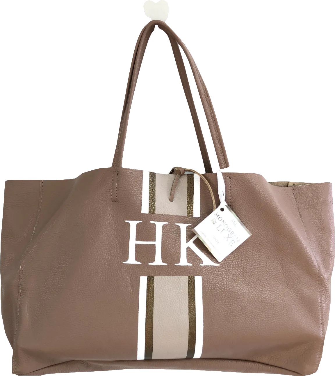 Monogram & Luxe Brown La Taupe Leather Tote Bag With Hand Painted Monogram Stripe