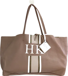 Monogram & Luxe Brown La Taupe Leather Tote Bag With Hand Painted Monogram Stripe