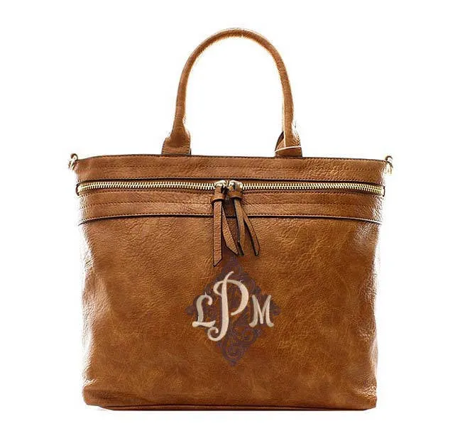 Monogrammed Zippered Purse, personalized handbag in Camel