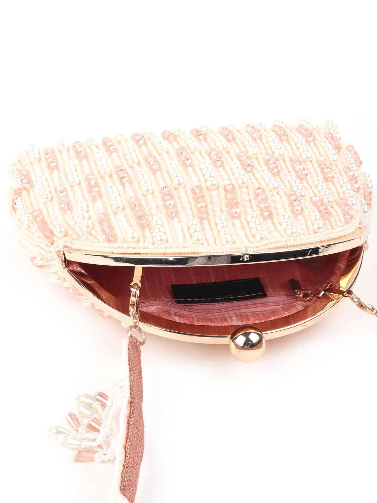 Odette Peach Clutch Bag With Tasseles For Women