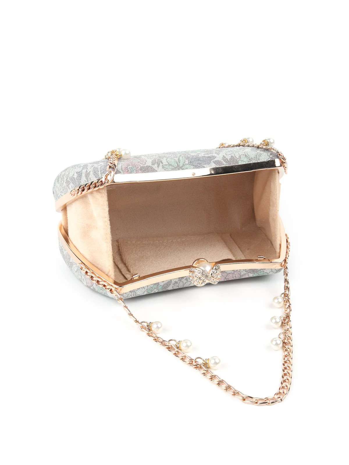 Odette Silver and Green Printed And Embellished Shimmery Clutch For Women