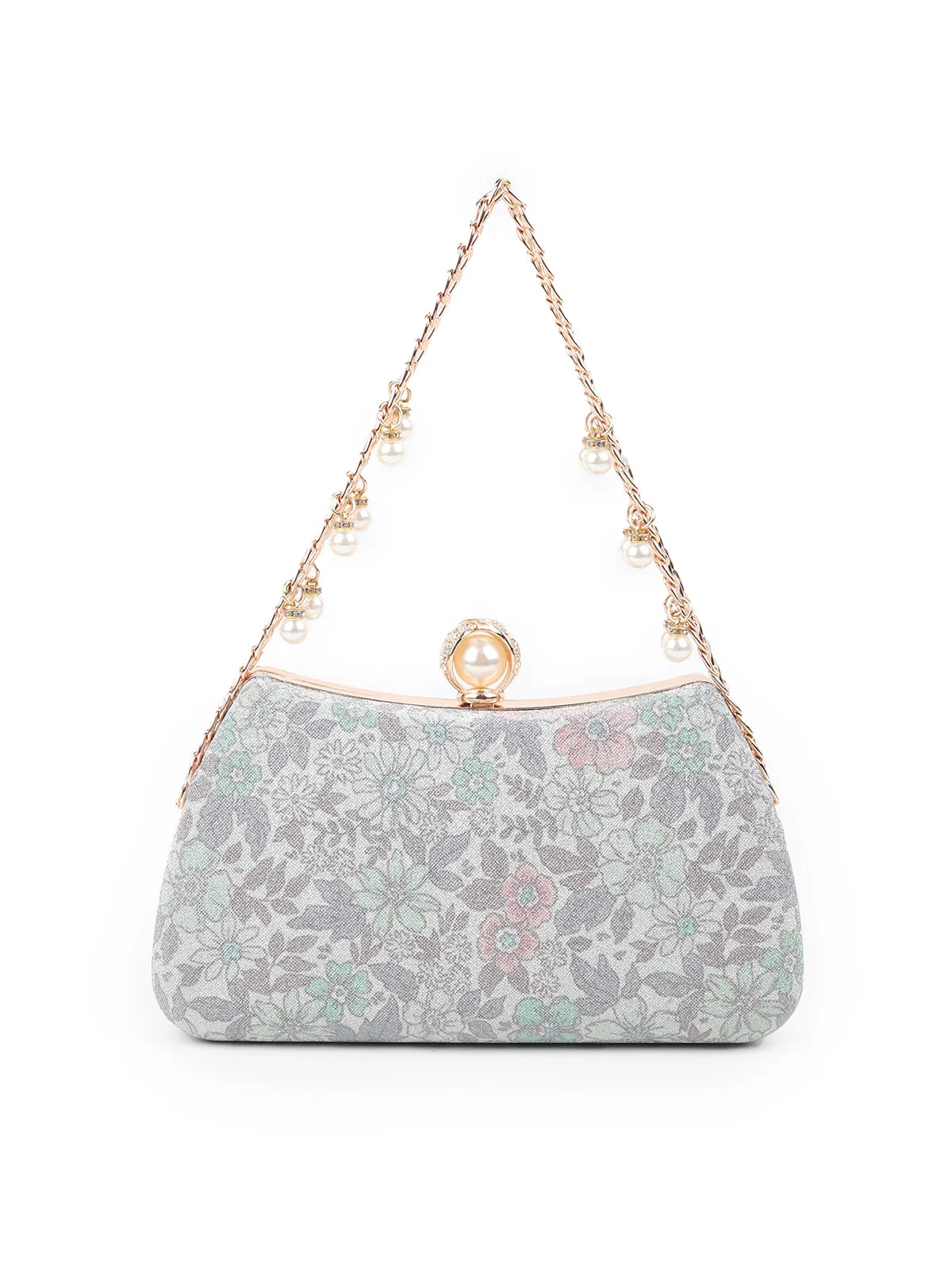 Odette Silver and Green Printed And Embellished Shimmery Clutch For Women