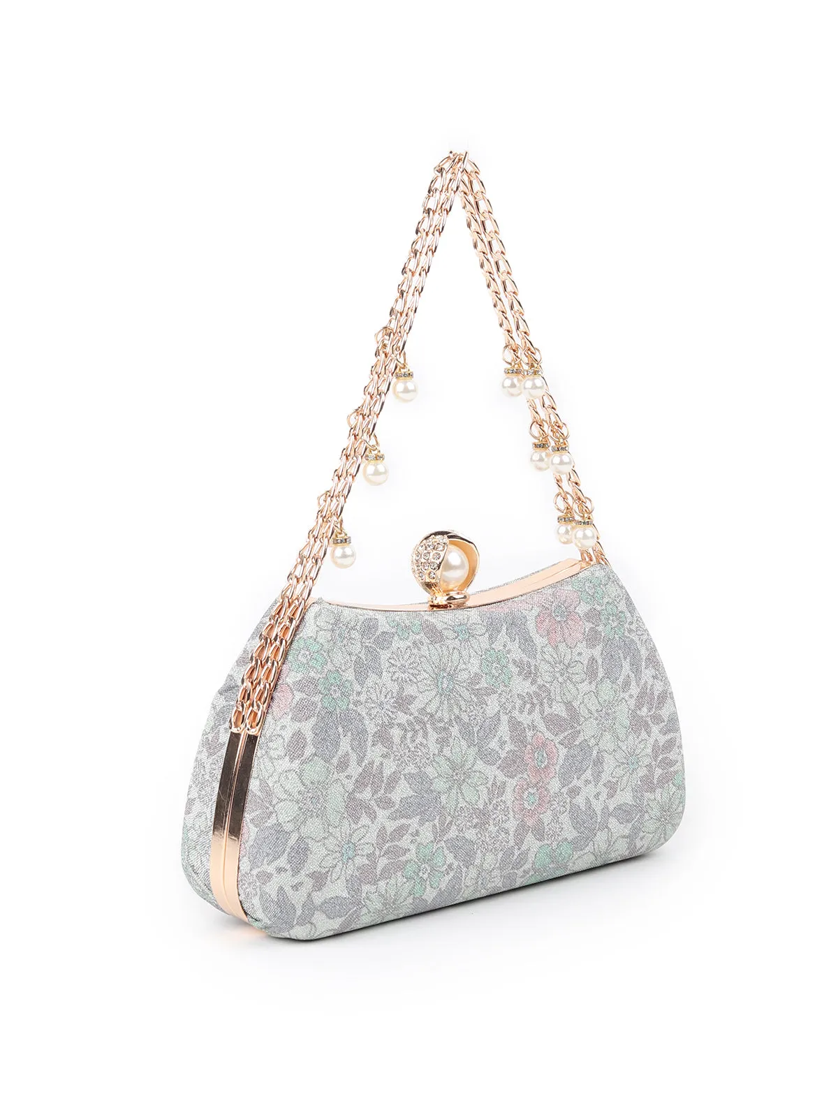 Odette Silver and Green Printed And Embellished Shimmery Clutch For Women