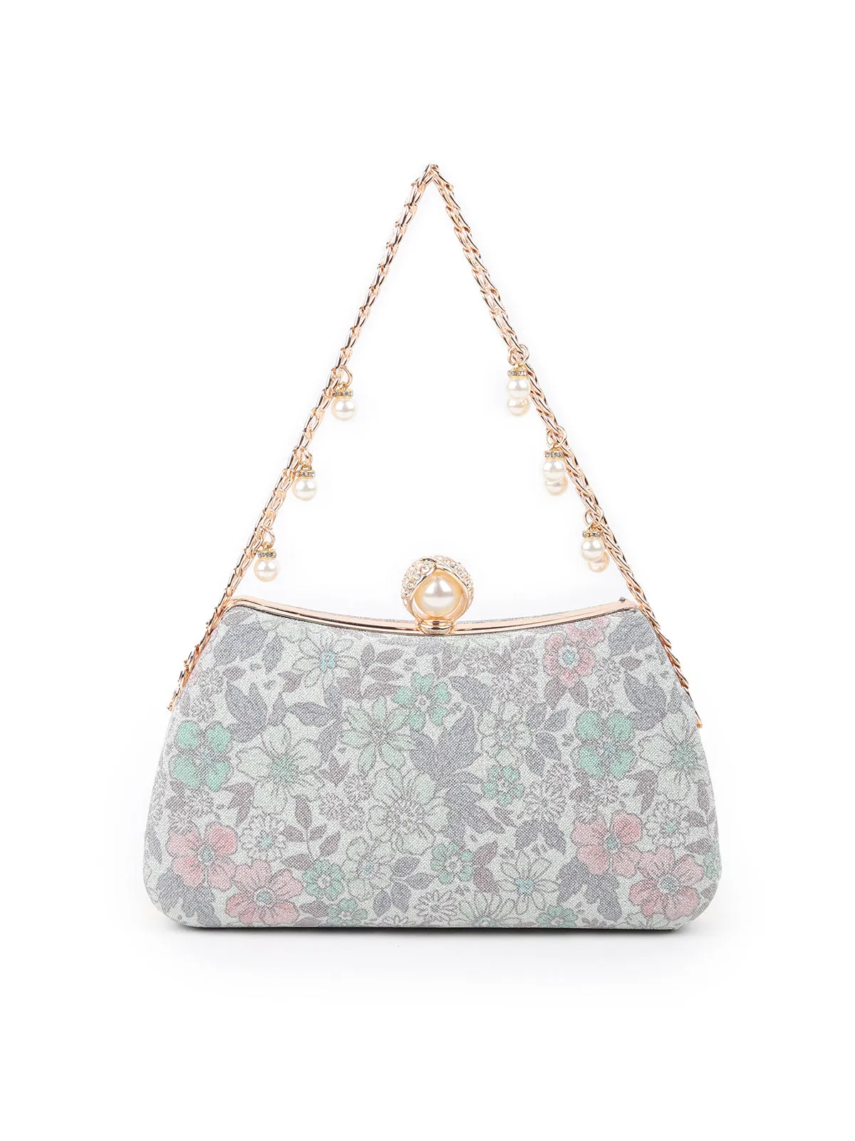 Odette Silver and Green Printed And Embellished Shimmery Clutch For Women