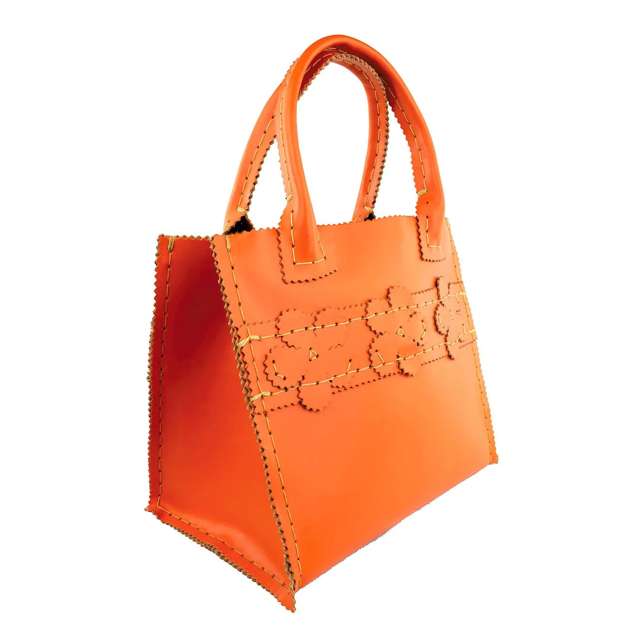 Persimmon Orange Mini Leather Tote with Floral Stripe