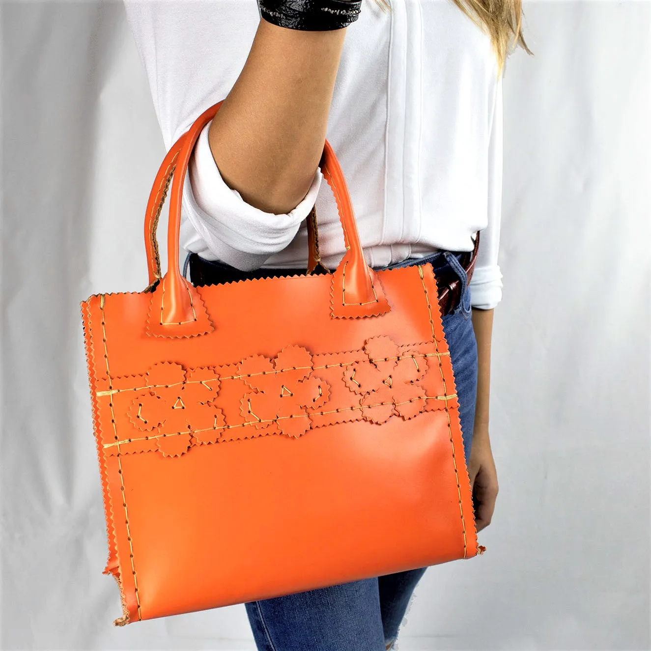 Persimmon Orange Mini Leather Tote with Floral Stripe