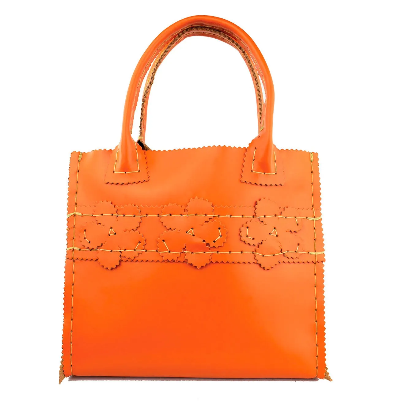 Persimmon Orange Mini Leather Tote with Floral Stripe