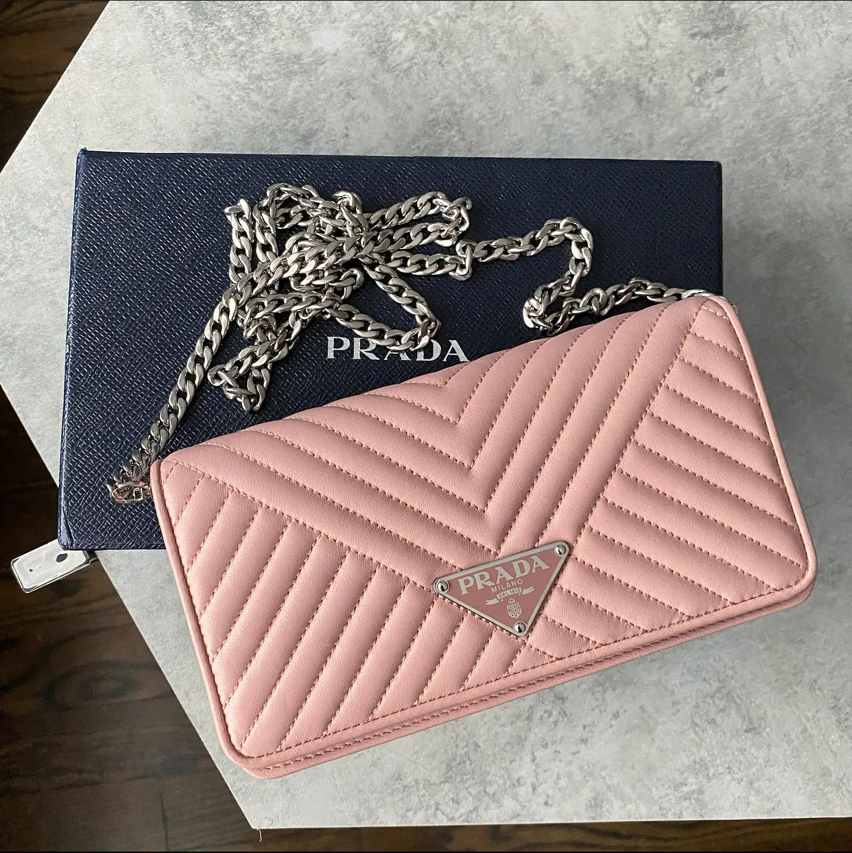 Prada Mini Pink Quilted Leather Wallet on Chain