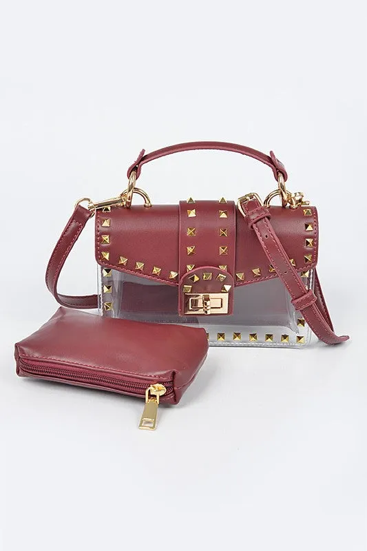 The Studded Clear Clutch (Garnet)