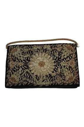 VINTAGE 1930s Black Velvet Embroidered Silver Gold Sunflower Style Zardozi Bag S